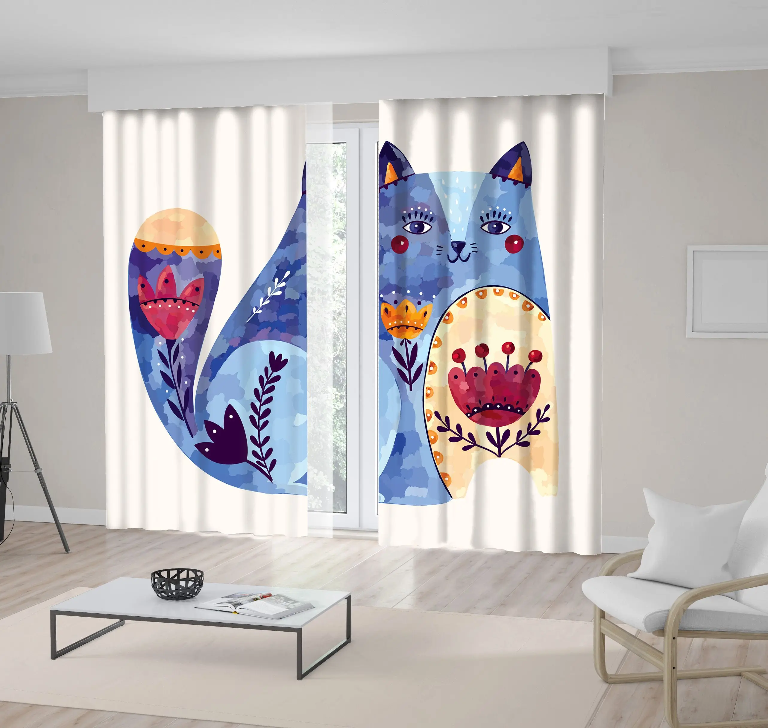 

Curtain Decorative Cat with Pattern of Flowers and Plants Watercolor Art Printed Blue Purple Yellow