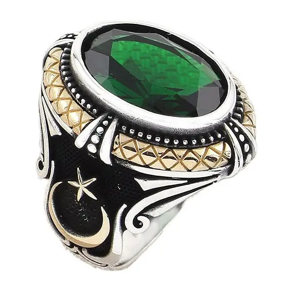 

925 Sterling Silver Mens Ring with Oval Black Zircon Natural Gemstone with Star and Crescent Design Jewelry Gift for Father