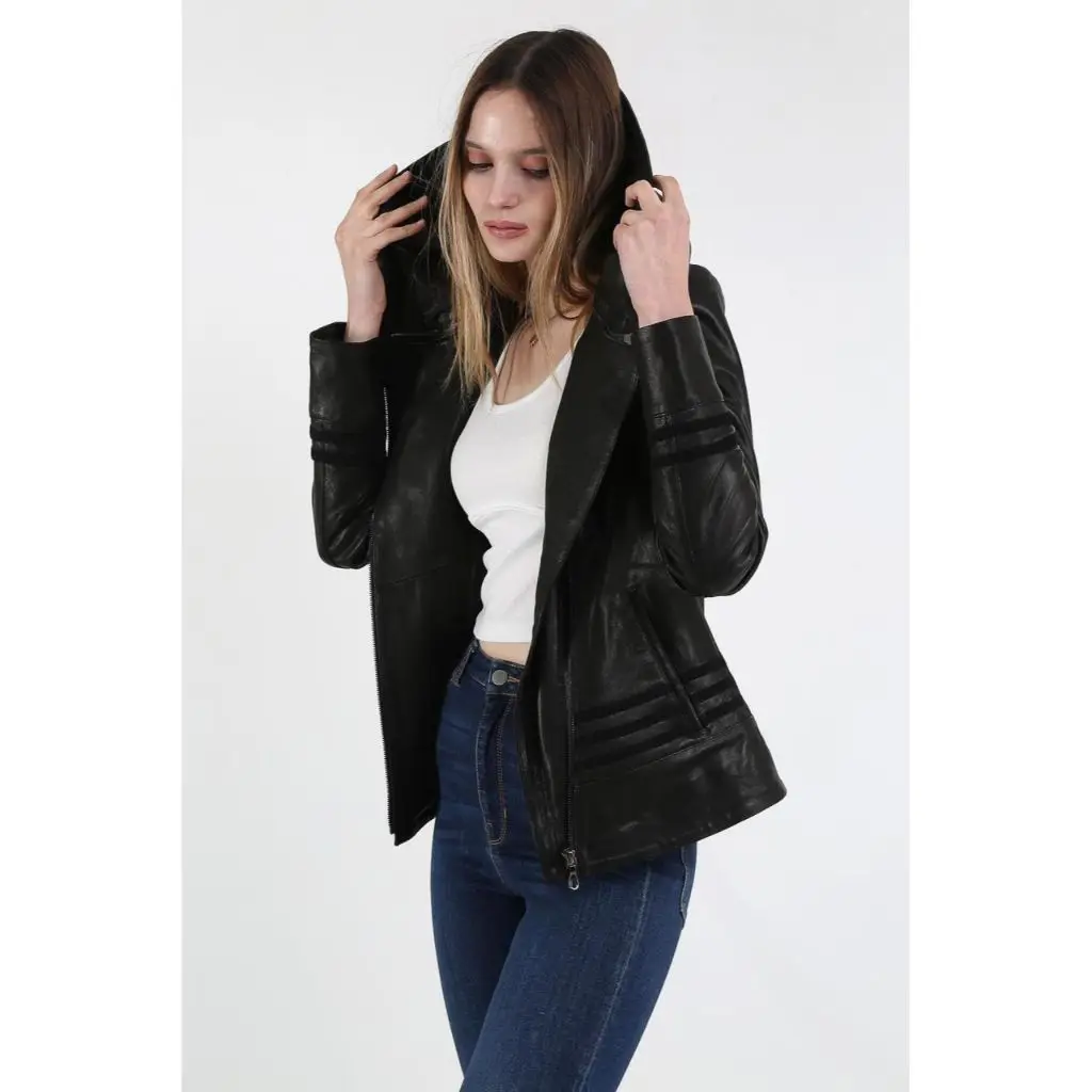 Women Leather Jacket Genuine Real Leather Jacket leather Coat lambskin coat Female Jacket hooded leather jacket Women's Black