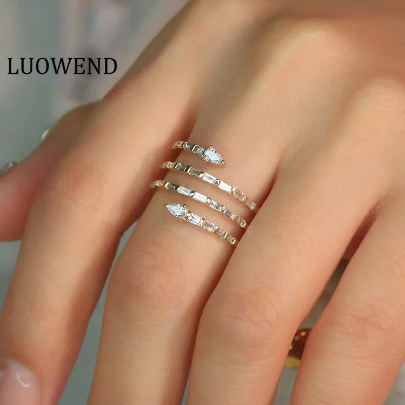 

LUOWEND 100% 18K Yellow Gold Rings Luxury Natural Diamond Ring Fashion Row Drill Rings Party Bague for Women