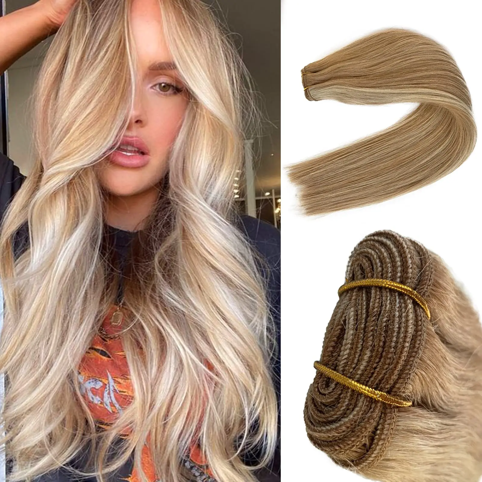 Blonde Weft Hair Extensions Sew in Human Hair Weft Extensions Balayage Highlights Brazilian Remy Bundle Sew in Real Hair Weave