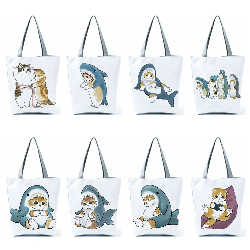 Customized Shark Cat Shopping Bag Shopper Grocery Storage Portable Tote For Print Shoulder Bag Cute Animal Handbags With Womens
