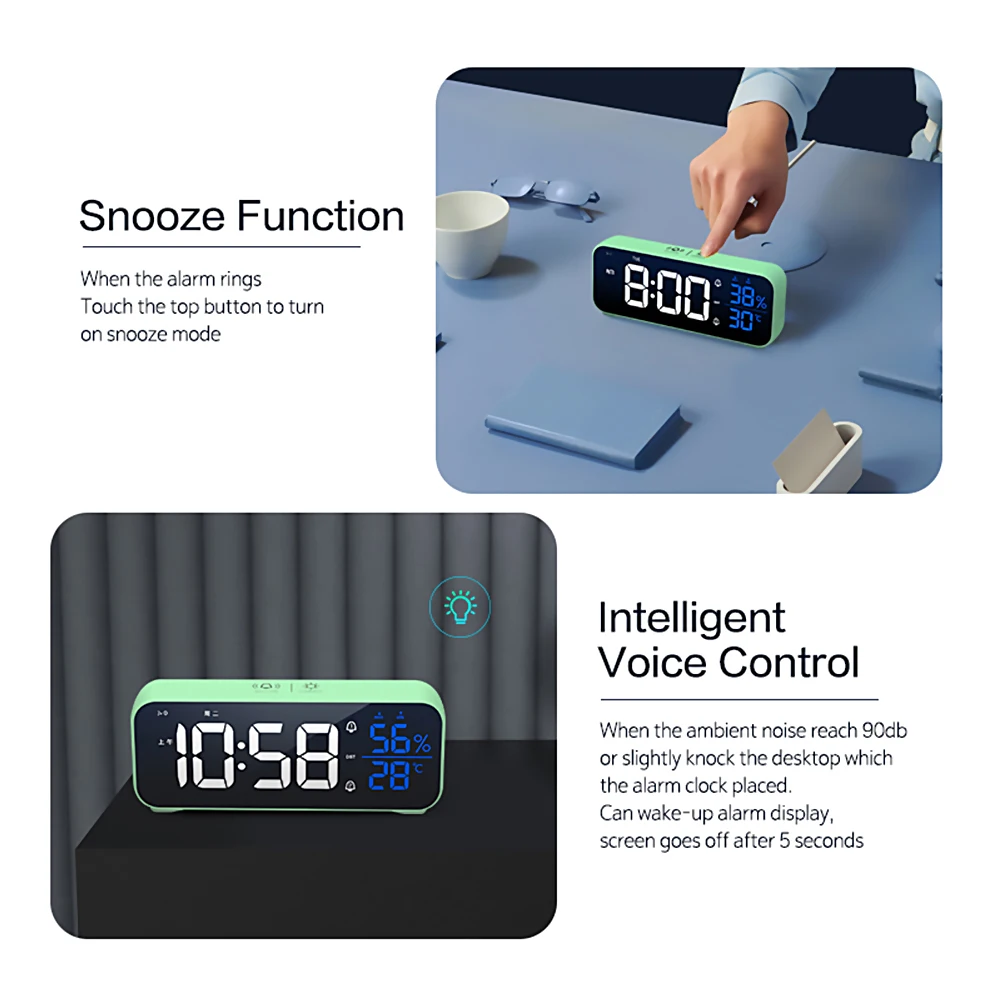 music led digital alarm clock voice control temperature humidity display desktop clocks home table decoration built in 1200mah free global shipping