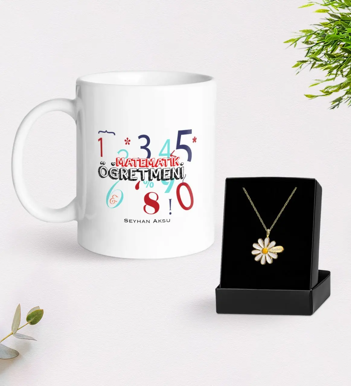 

Персонализированные учитель математики белая кружка и ожерелье Маргаритка Подарочный набор-4