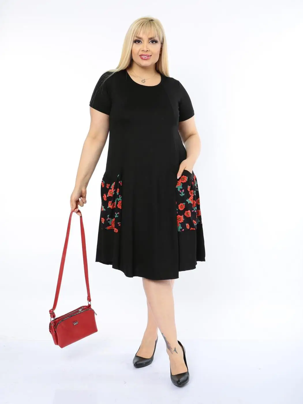 Plus Size Women Clothing 2022 Summer High Street Fashion with Pockets Rose Knee-Length Lycra Knitted Viscose Made in Turkey