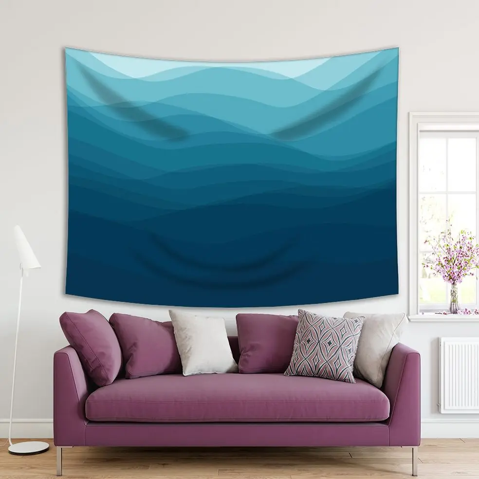 

Tapestry Waves Ocean Sea Nature Theme Abstract Artwork Blue Navy Colors Decorative Monochrome Art Printed
