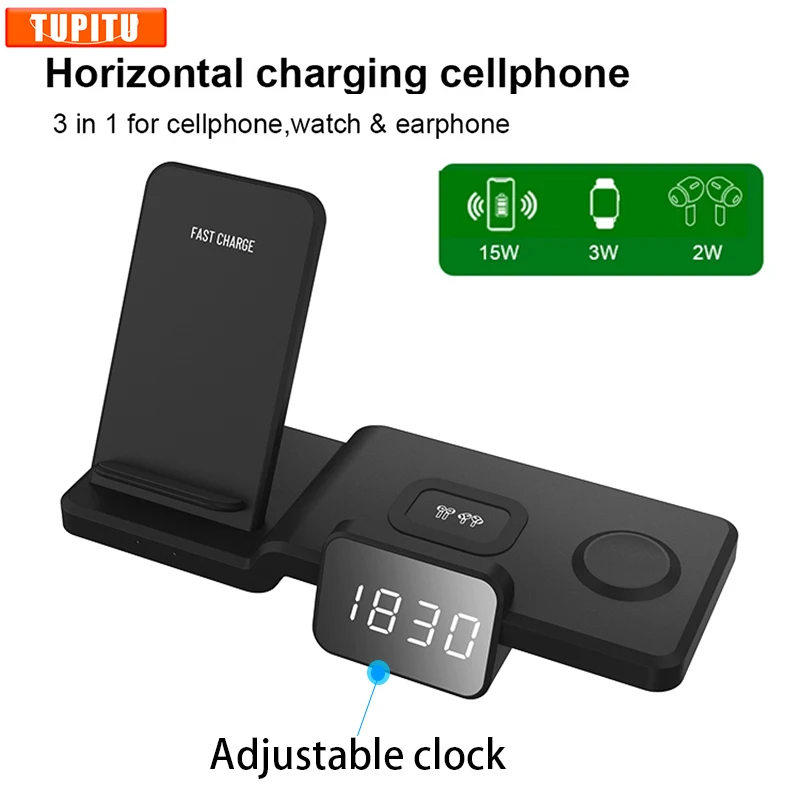 

Universl QI Standard Fast 3 IN 1 Wireless Charger Charging Station Band Electronic Clock For Iphone 13 12 For Airpods iWatch SE