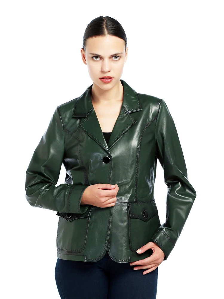 Женский блейзер ручной работы зеленый пиджак из натуральной кожи на пуговицах