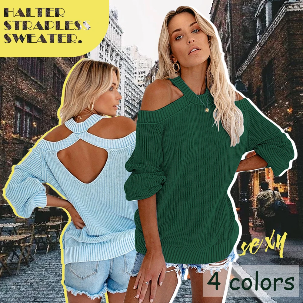 Women Halter Neck Knitted Sweaters Open Back Pullover Ladies Cold Shoulder Long Sleeve Tops Fashion Autumn Solid Color Jumper