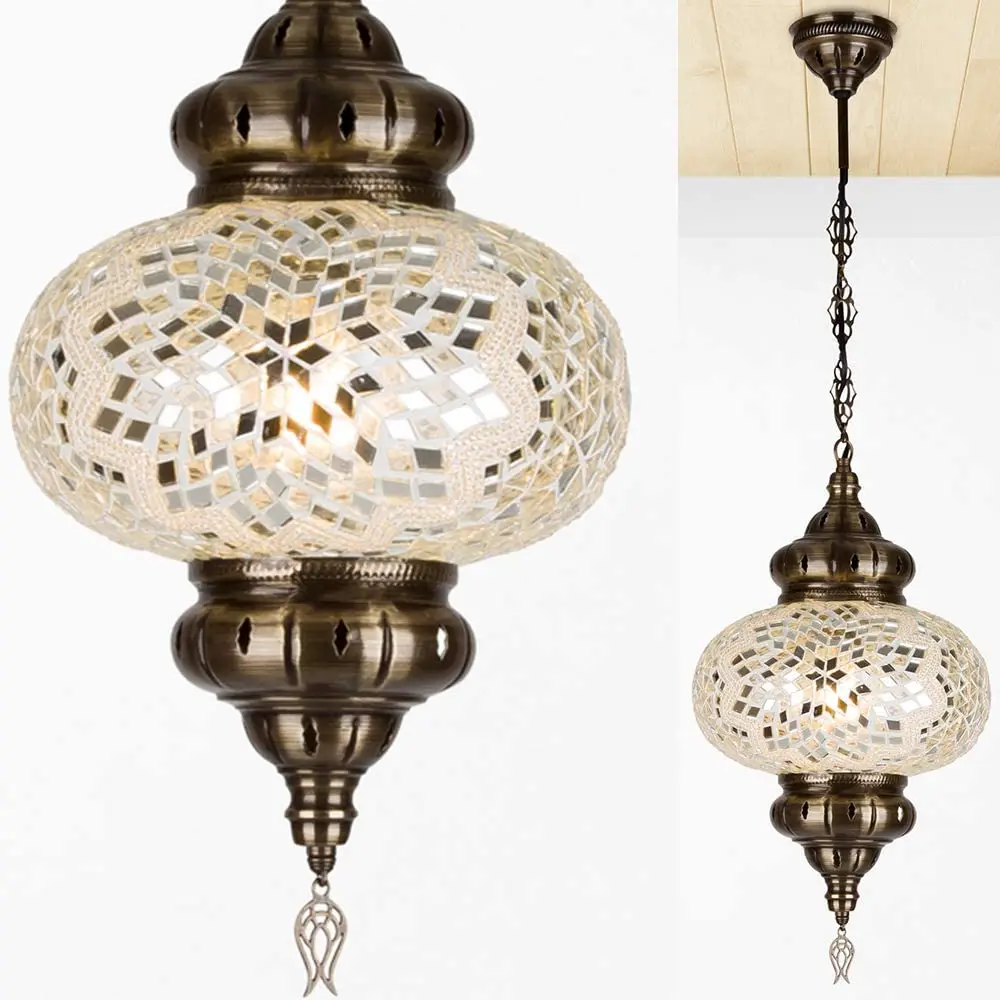 Turkish Moroccan Crystal Glass Stained Ceiling Hanging Light Lamp Lantern Boho Pendant Chandelier for Bedroom Decor - 10 inch (D