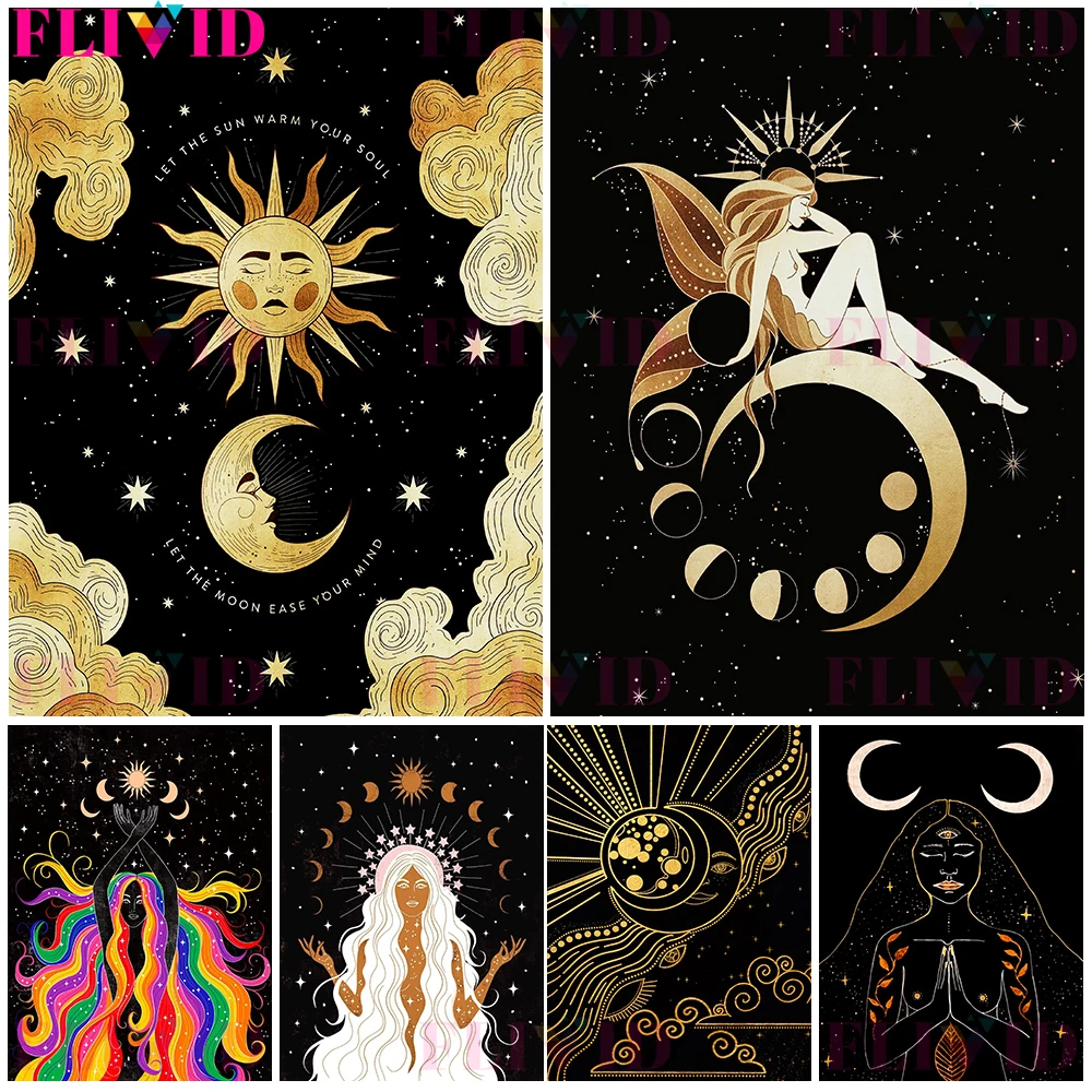

Wicca Witch Sun And Moon Astrology Wall Art Canvas Painting Fortune Telling Witchcraft Poster And Print Decoration Unframed