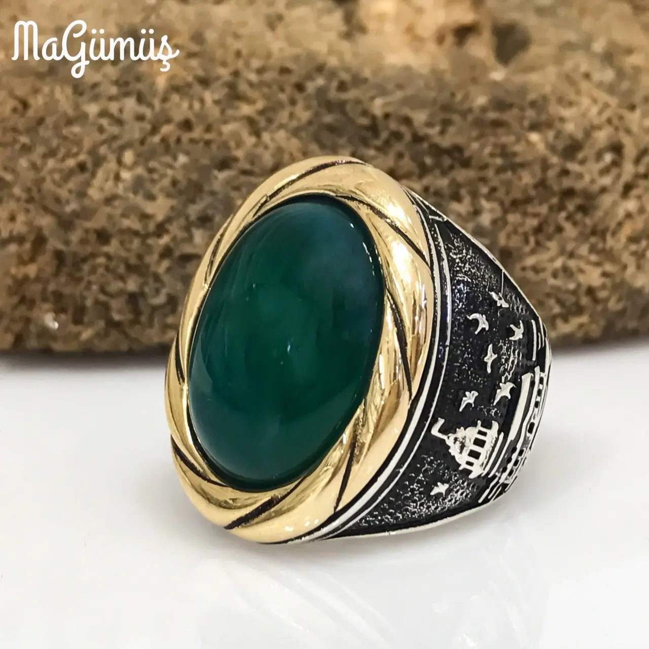 Green Natural Agate Istanbul Strait Girl Tower Embroidered Men 'S Ring
