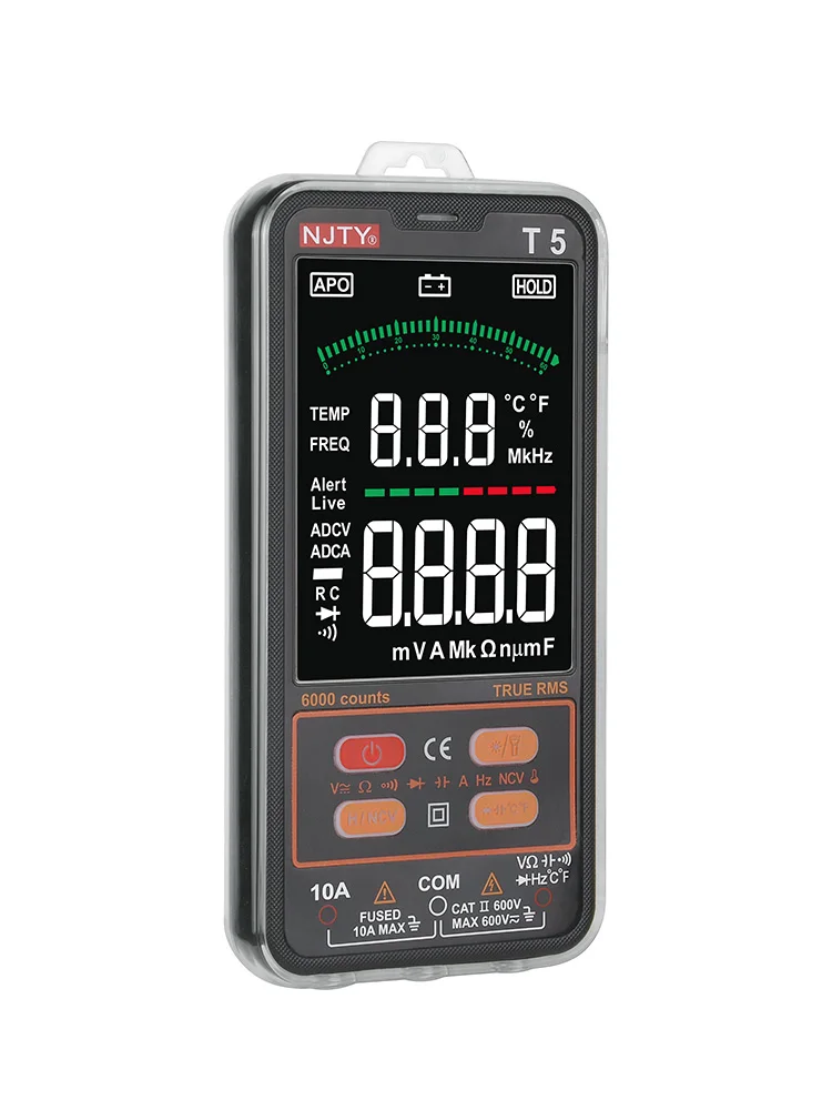 

T5 Digital Smart Multimeter T-RMS AC DC Ampere Voltage Meter Auto Range 600V 10A Ohmmeter Capacitance Hz Test Color Display NJTY