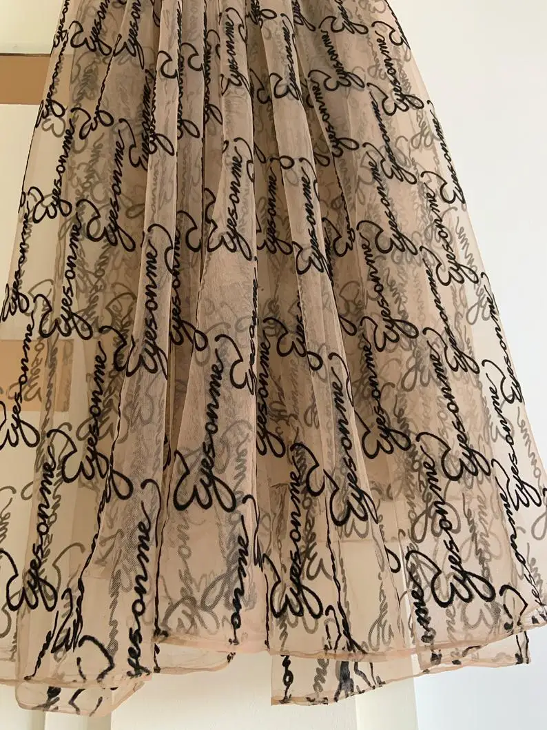 

1 yard Nude Tan Tulle Lace Fabric With Script Eyes On Me Embroidered Tulle Mesh Lace Fabric With Velvet Words Stretchy