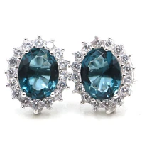 15x13mm elegant real green emerald created london blue topaz cz women daily wear silver stud earrings wholesale drop shipping