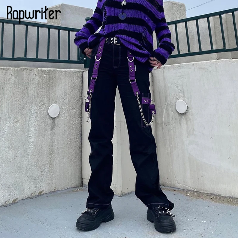 

Rapwriter Gothic Black Ribbon Jeans Y2K Girl Chain Patchwork Denim Pants Harajuku Pocket Straight Sweatshirt Punk Style Capris