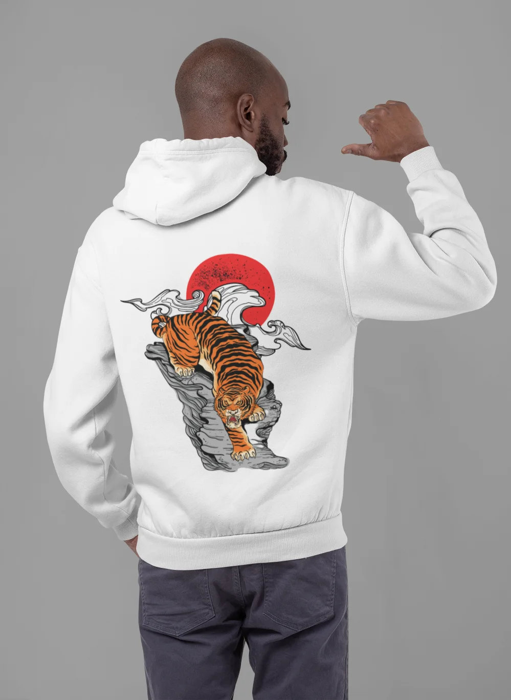 Winter Men's Hooded Sweatshirt Tiger Printed Fleece Slim Fit Cotton Black White Casual