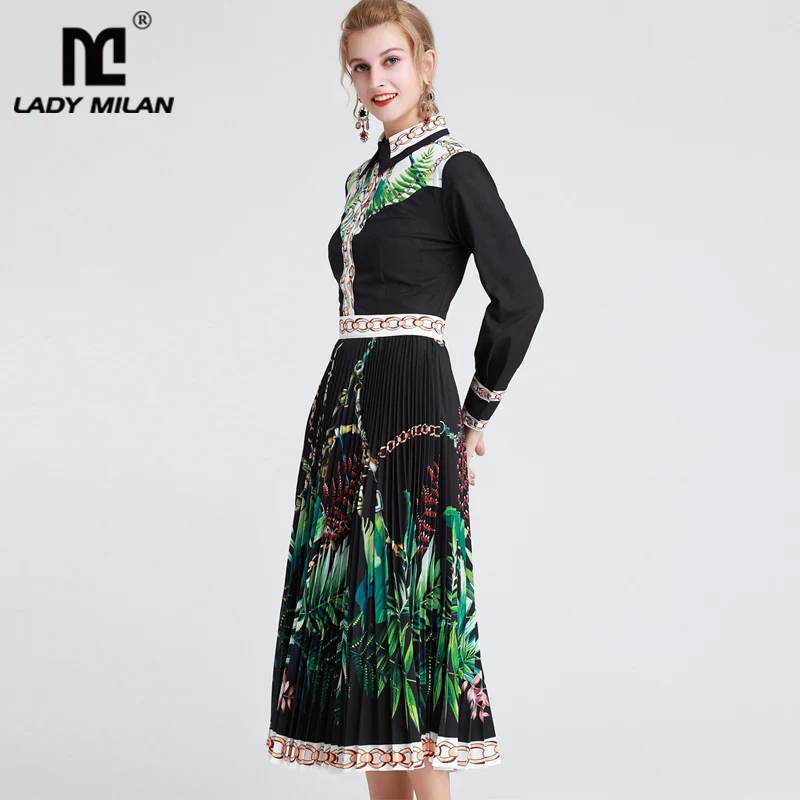 Runway Dresses Turn Down Collar Long Sleeves Printed Pleated Fashion Designer Casual Autumn | Женская одежда
