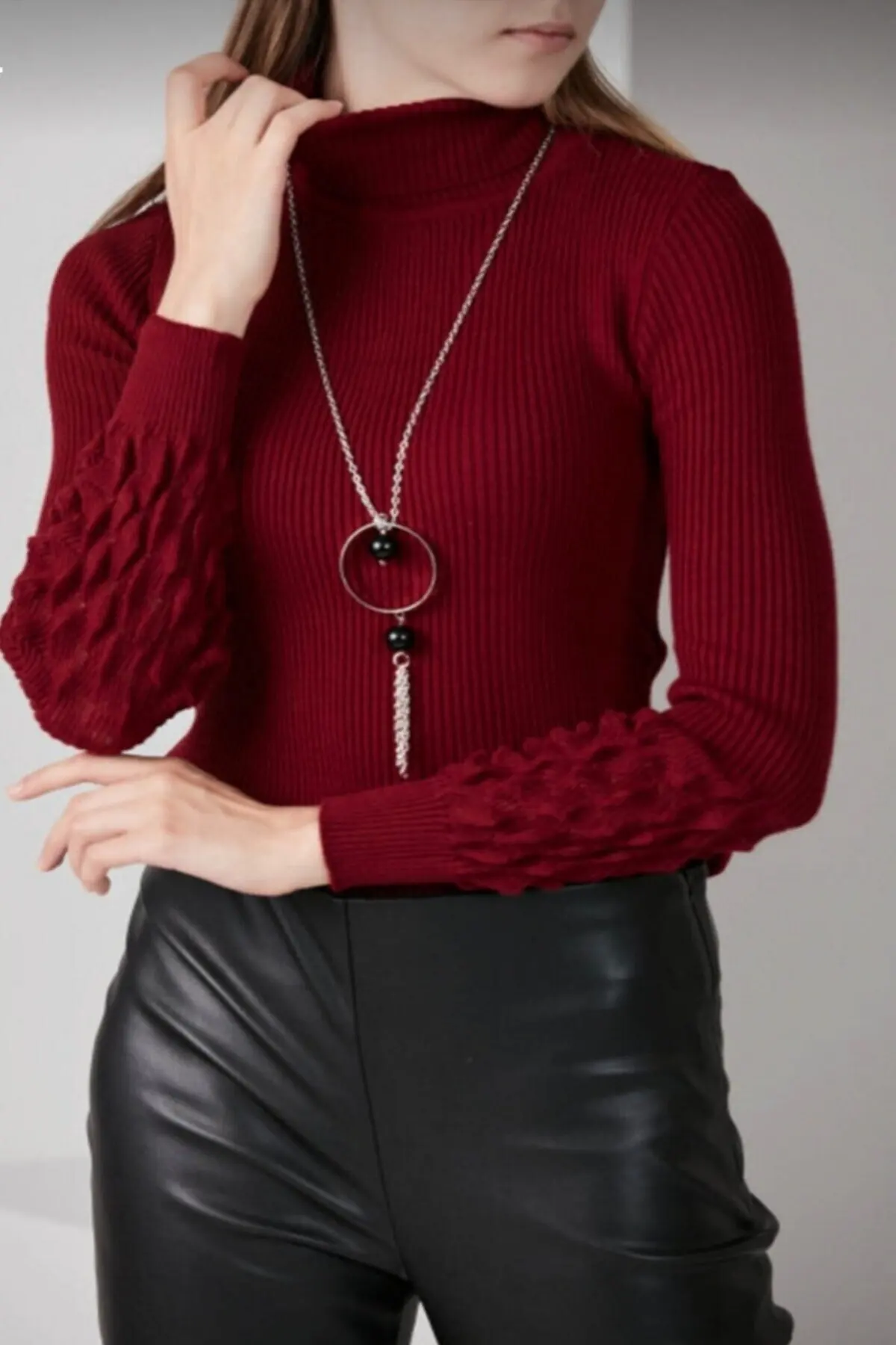 

Burgundy Color Sleeve Detail Turtleneck Knitwear Sweater