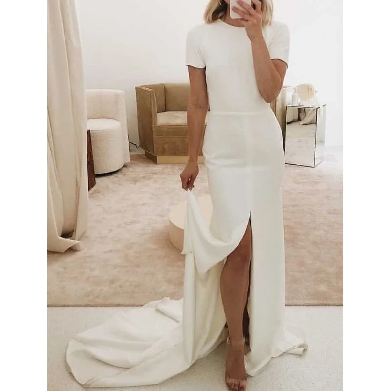 

11840# Simple Scoop Classic Satin Backless Boho Sexy Front Split Short Sleeves Beach Sheath Wedding Dress Wedding Bridal Gown