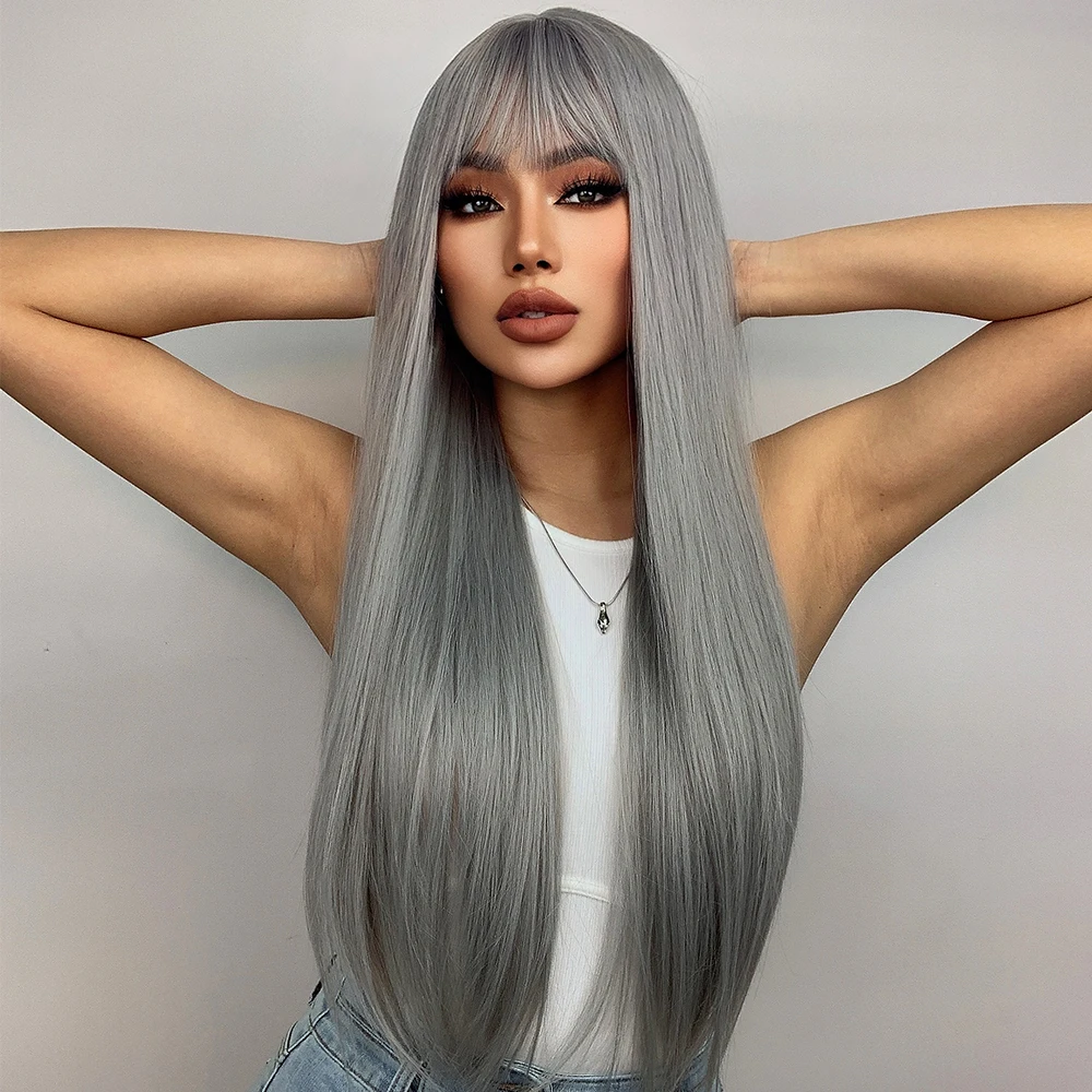 GEMMA Long Straight Grey Synthetic Wigs for Women Girls Cosplay Party Lolita Hair Wigs with Bangs Heat Resistant Fiber Hair Wig