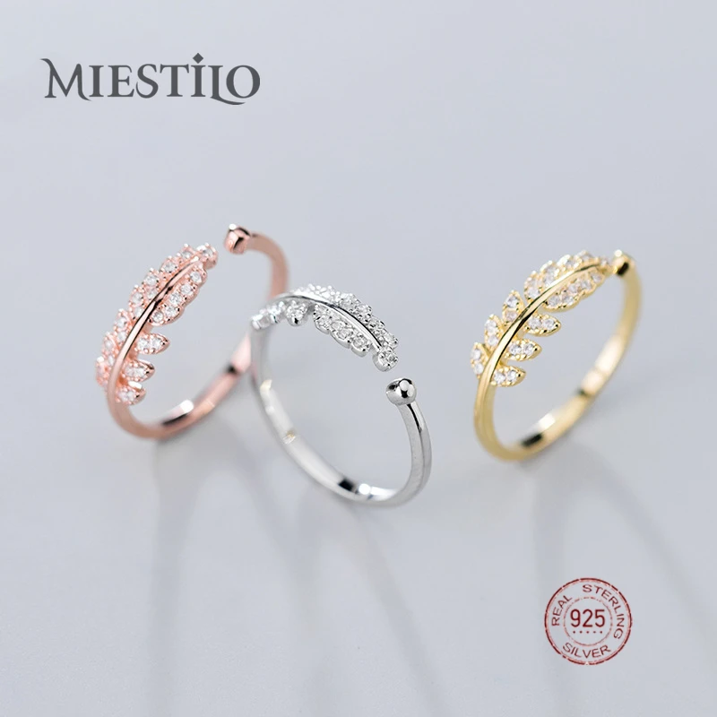 100% 925 пробы серебряные кольца маленькие милые листья регулируемые Everlast перо