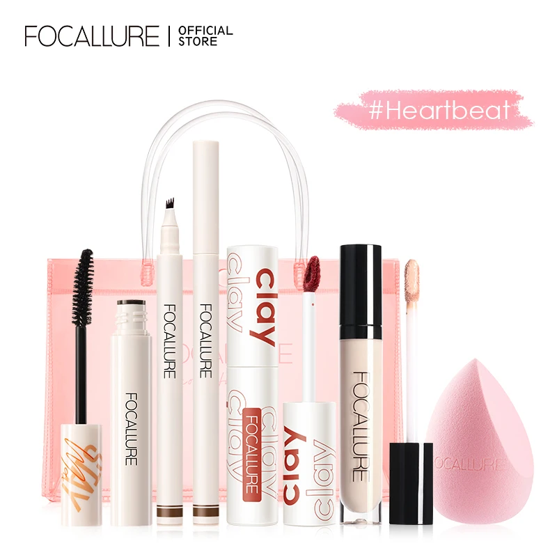 

FOCALLURE 6 шт. набор для макияжа бархатная губная помада консилер тушь для ресниц карандаш для бровей и Губка Puff Профессиональная Косметика для ...