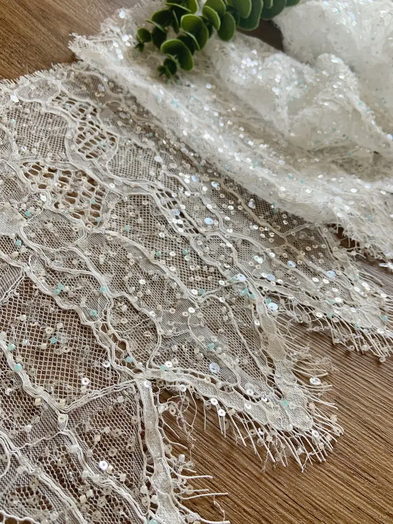 Tela de encaje Chantilly de lentejuelas francesas para vestido de novia, 1 yarda, tela de encaje de cuentas pesadas,
