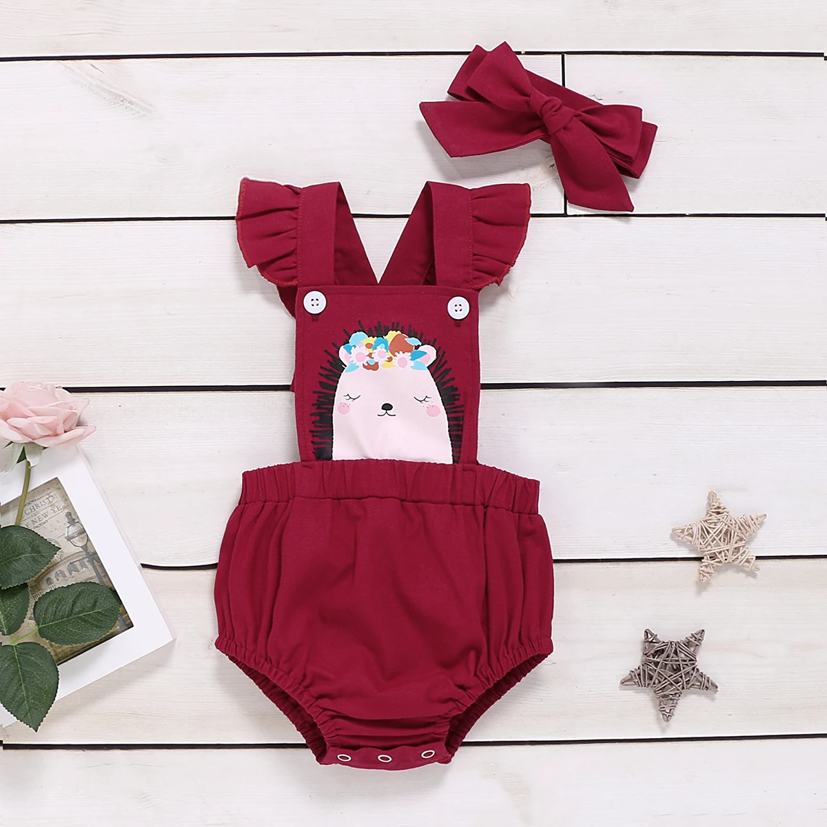 

Newborn Photography Outfit My First Christmas Baby Girl Sleeveless Cartoon Print Red Ruffles Romper Headband Set Infant Gift