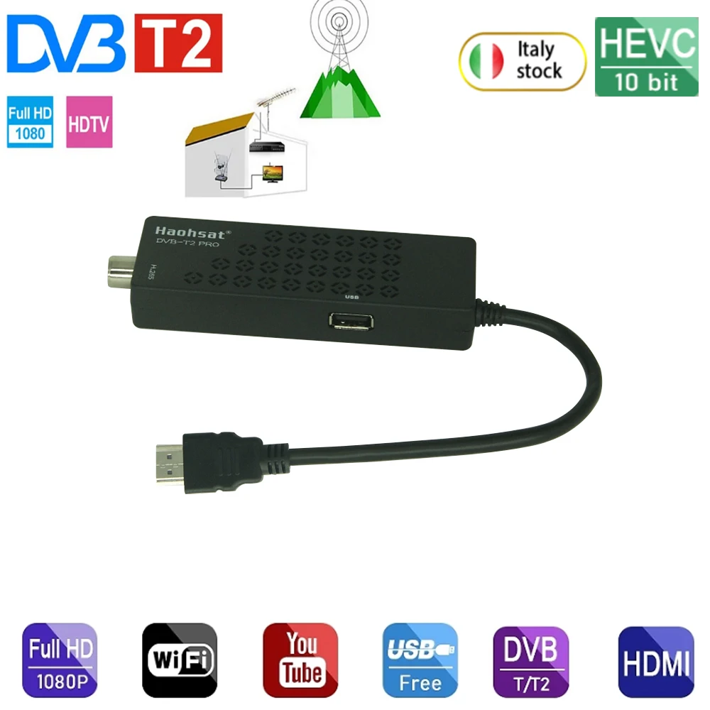 

Haohsat DVB T2PRO итальянский Россия HEVC 10-битный ТВ-накопитель цифровой наземный декодер поддерживает настройку USB H.265 MINI T2 TV Stick 4K