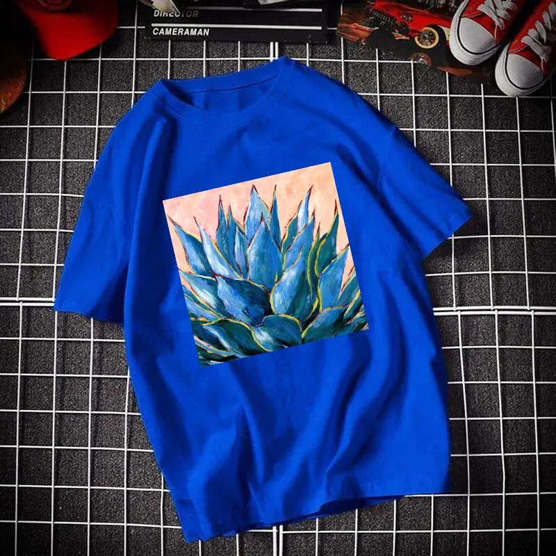 

Summer Neutral Aloe Print T-Shirt Harajuku Pure Cotton Round Neck 14-Color European Size Short-Sleeved Casual Fashion Daily Top