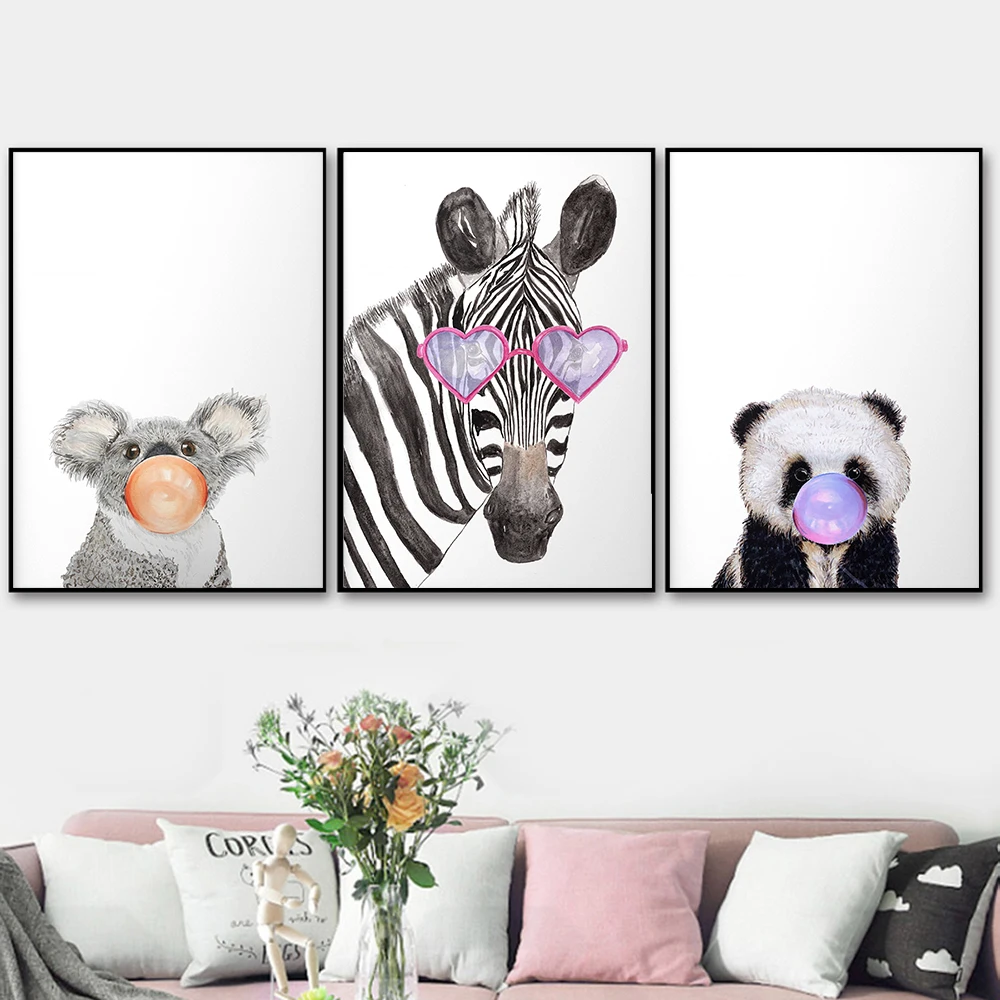 

Panda Zebra Koala Nursery Canvas Print Bubble Gum Animal Drawing Kids Room Olayroom Cute Wall Art Picture Decor Painting Poster