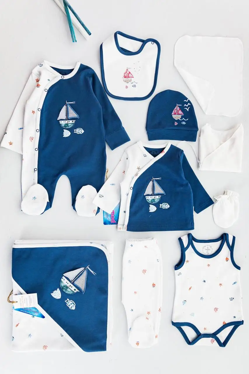 

ORGANIC 100 Turkish Cotton-Newborn Cloth 10 pcs Set-Baby Hospital Exit-Boy Sailor Dark Blue