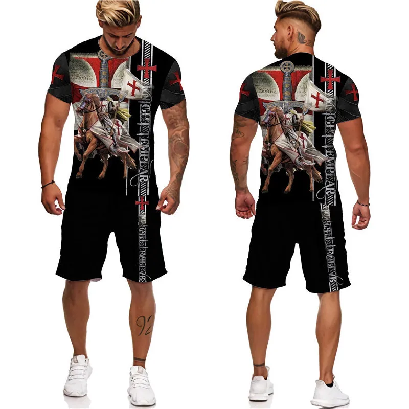 Knight Templar 3D Print Men's T-Shirt/Shorts/Suit Cool Short Sleeve Retro Style Streetwear Two Piece Set Summer Tracksuit Outfit