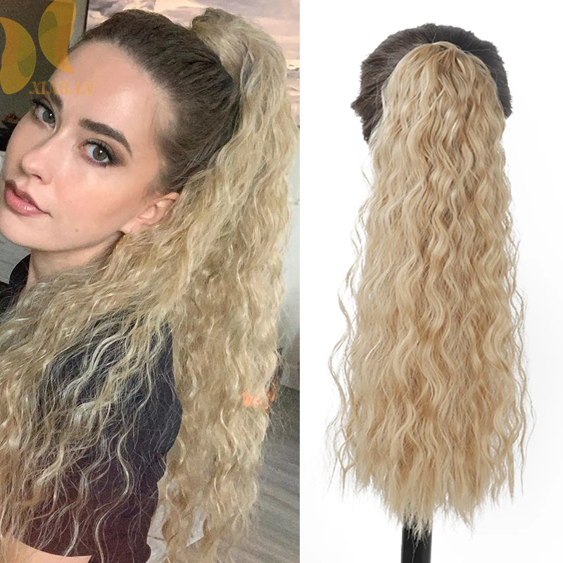 

XINRAN Synthetic Corn Wavy Long Ponytail Wrap on Clip Hairpiece Hair Extensions Ombre Brown Ponytail Blonde Black Fack Hair