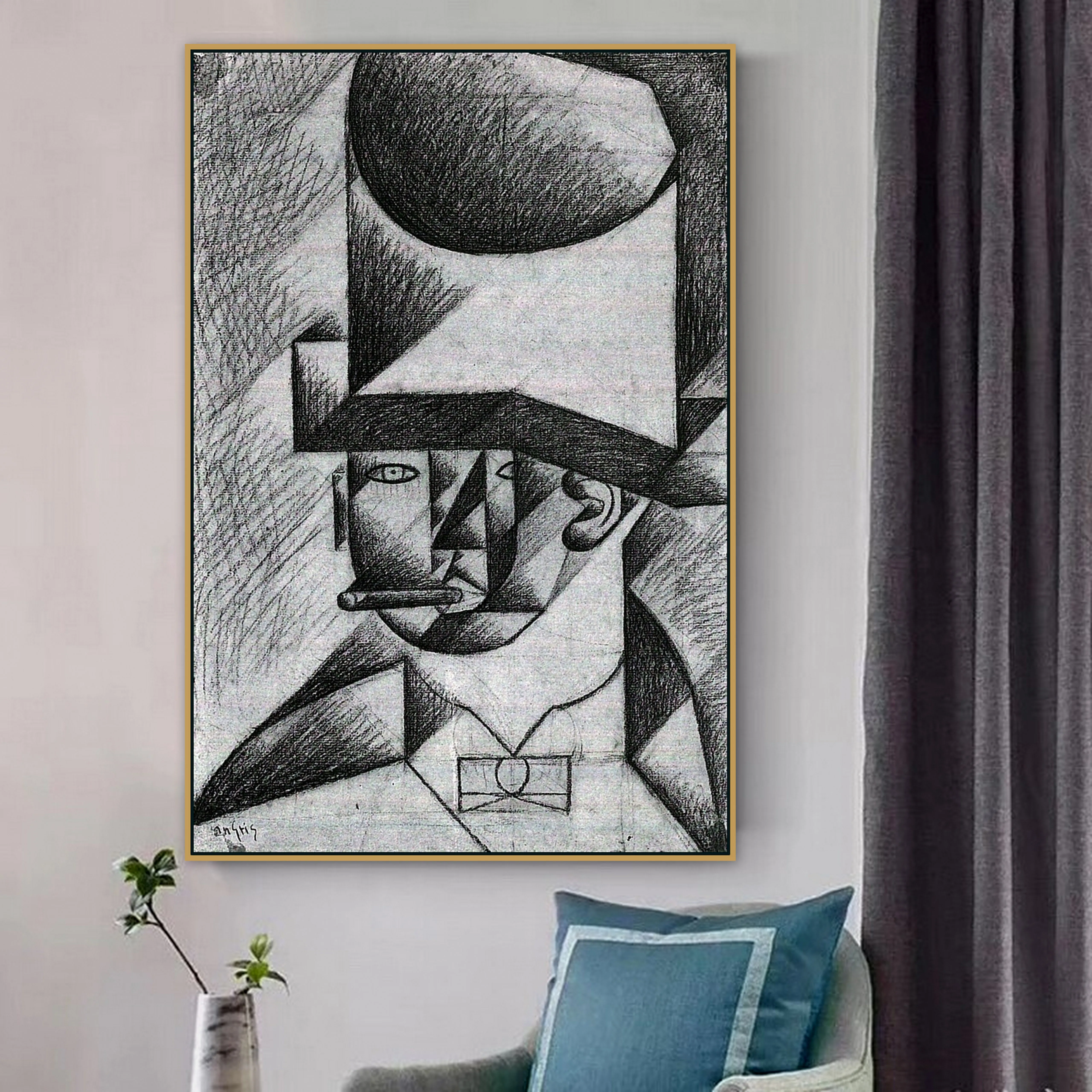 Juan Gris старый известный мастер художник голова человека с сигарой холст картина