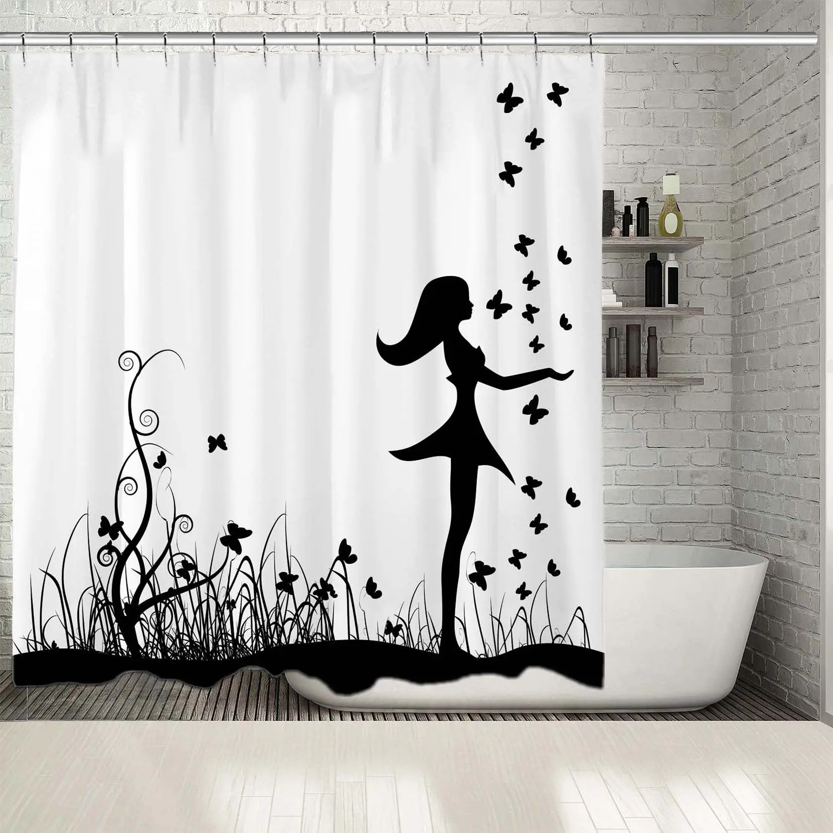 Занавеска для душа девушка на лугу травы и бабочки силуэт воображаемая