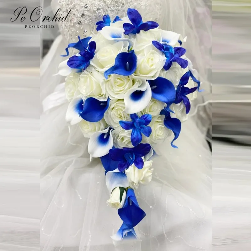 PEORCHID White Silk Rose Royal Blue Flowers Bride Bouqet Wedding Trouwboeket Galaxy Orchid Calla Lily Cascade Bridal bouquet