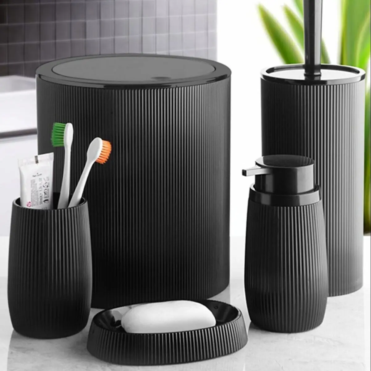 

5 Piece Bathroom Accessories Set Black with Trash Can Toothbrush Holder Soap Dispenser Soap and Lotion Set Striped Round