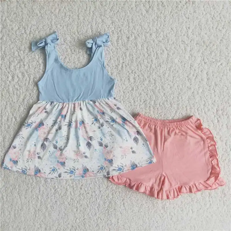 

Girls' clothing sets summer kids clothes flower sky blue floral short sleeves with shorts new boutique kids shorts set