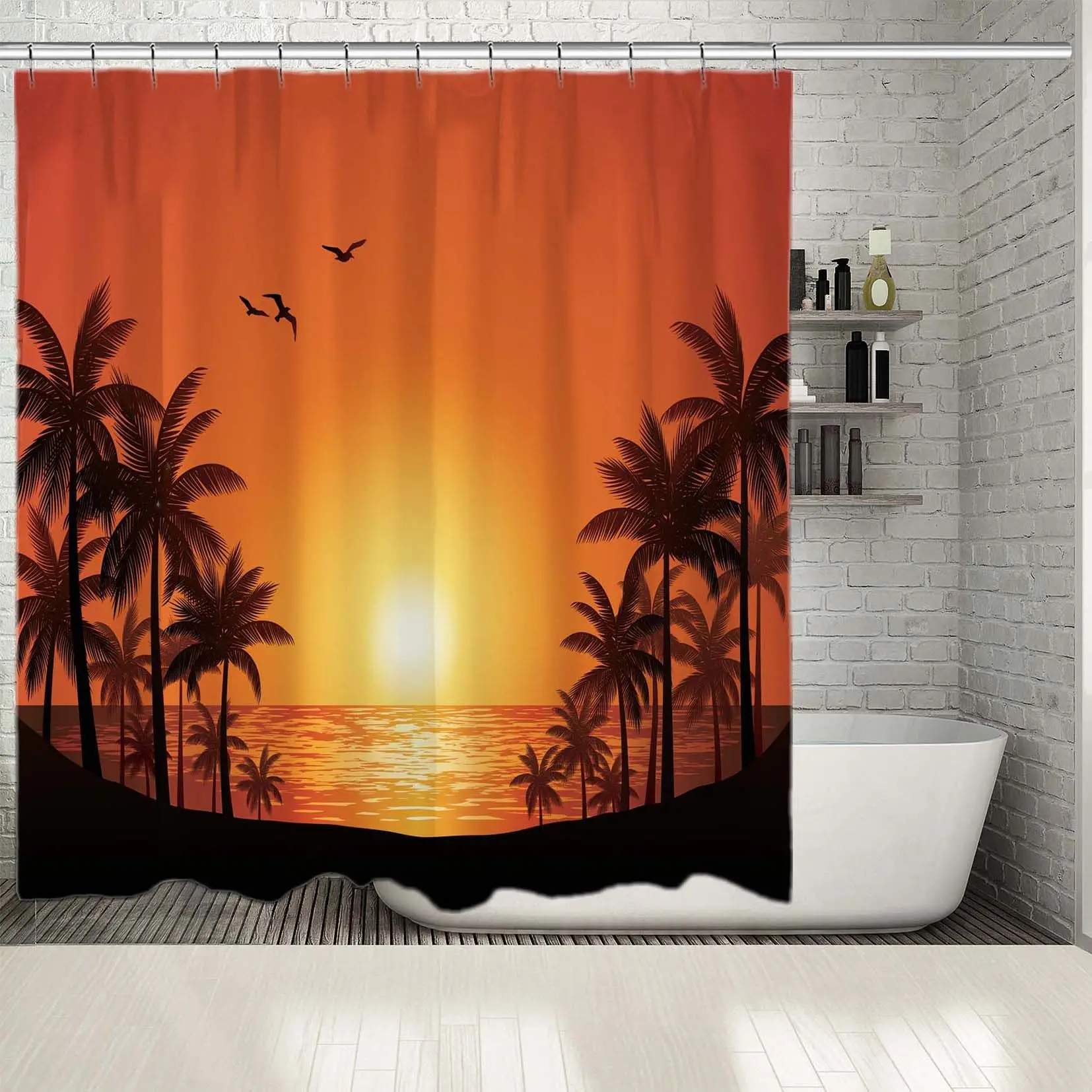 Занавеска для душа пальмовые деревья и чайки силуэт романтический Закат