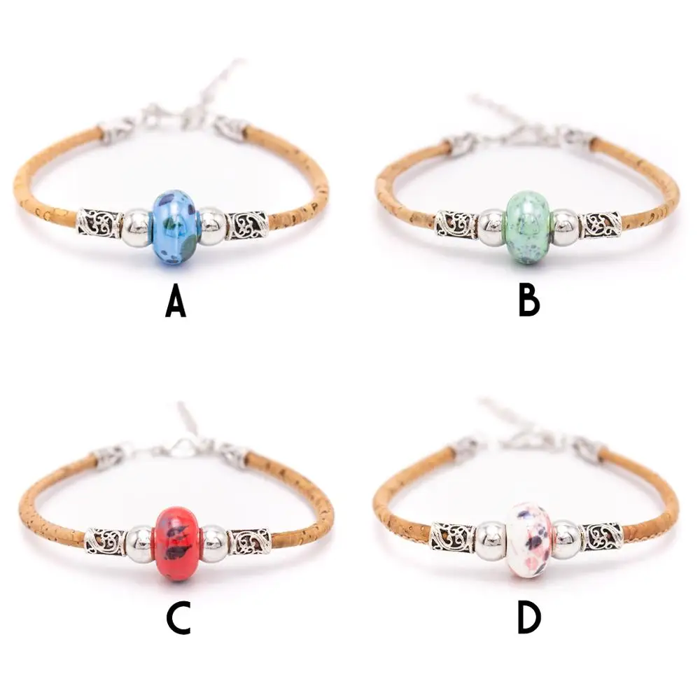 Женский браслет из натуральной пробки с бусинами в виде цветка винтажный