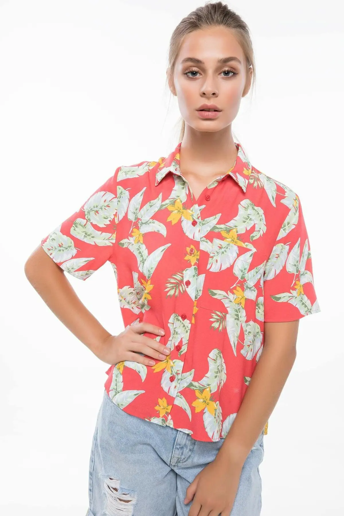 Женская рубашка с отложным воротником DeFacto Повседневная Свободная короткими