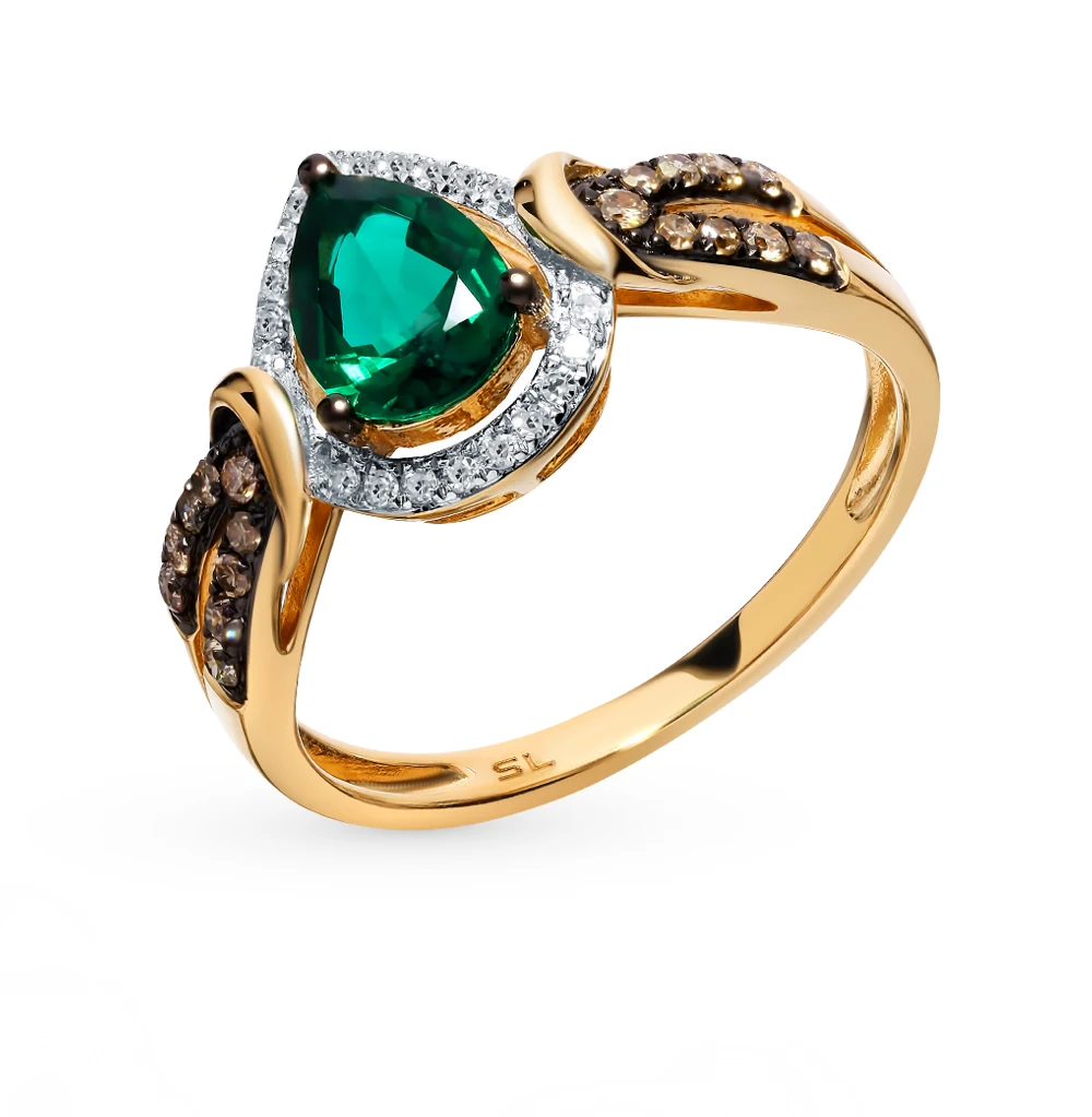 Золотое кольцо с коньячными бриллиантами и изумрудом SUNLIGHT проба 585 | Украшения