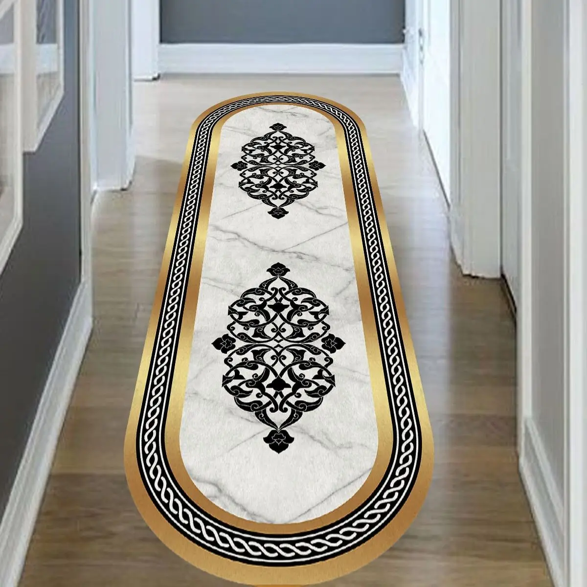 

Non-Slip Dot Base Gold Framed Patterned Oval Carpet Machine Washable Super Luxurious Stylish Design - Gr1022