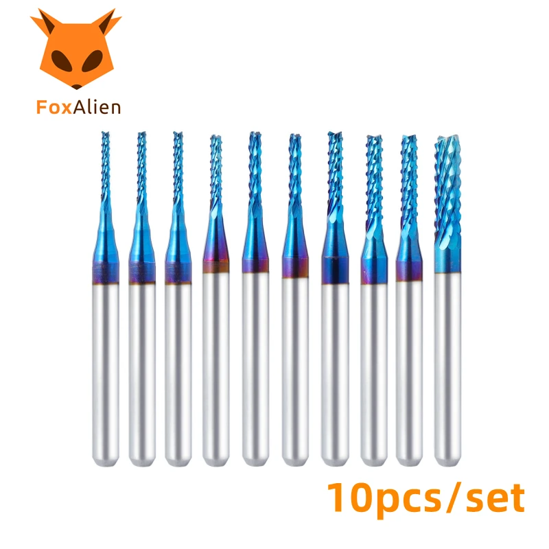 

FoxAlien 10pcs End Mill CNC Router Bits, 0.8-3.175mm 1/8” Shank Nano Blue Coating Engraving Bits Cutter Woodworking Tools