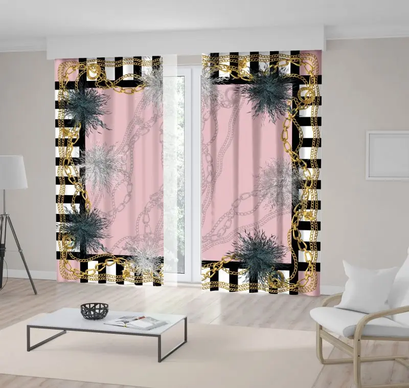Занавески в полоску с золотой цепочкой и цветочным узором стиле барокко