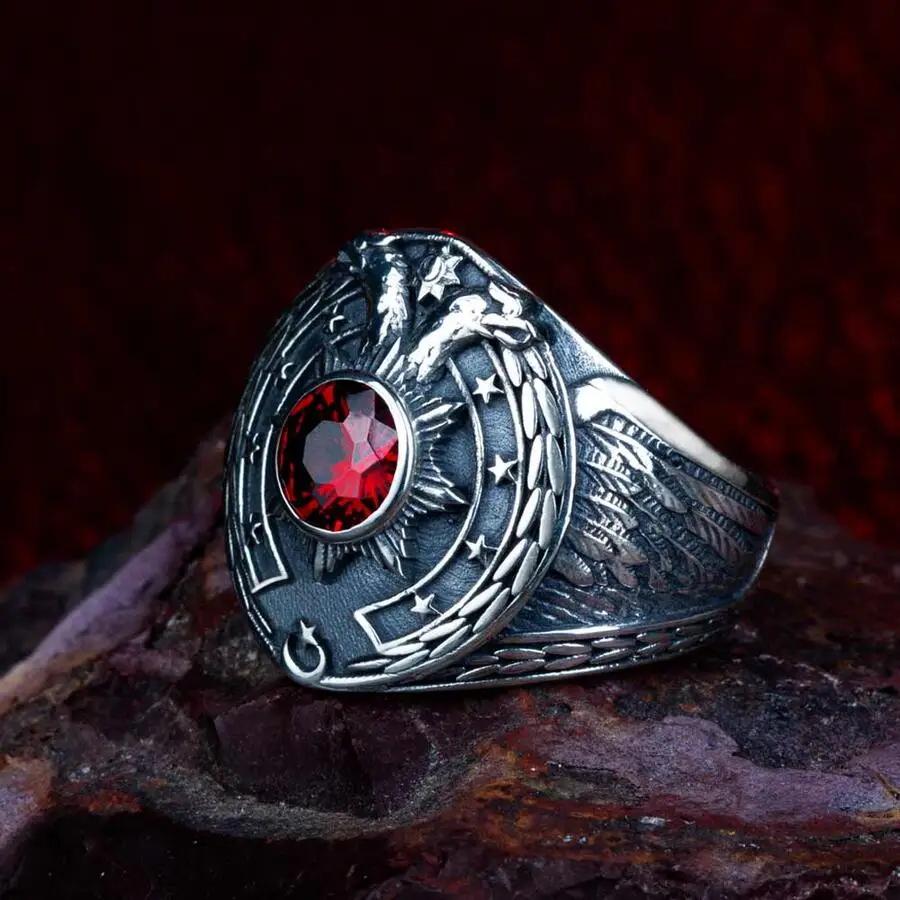 

Men Silver Ring With Red Zircon Stone Eagle Motif And Star Crescent Motif, Made In Turkey, Solid 925 Sterling Silver