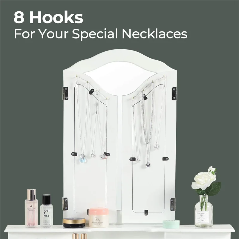 

Modern Makeup Vanity Dressing Table w/ Tri-Folding Necklace Hooked Mirror & 7 Drawers for Storage Vanity Desk Cushioned Stool