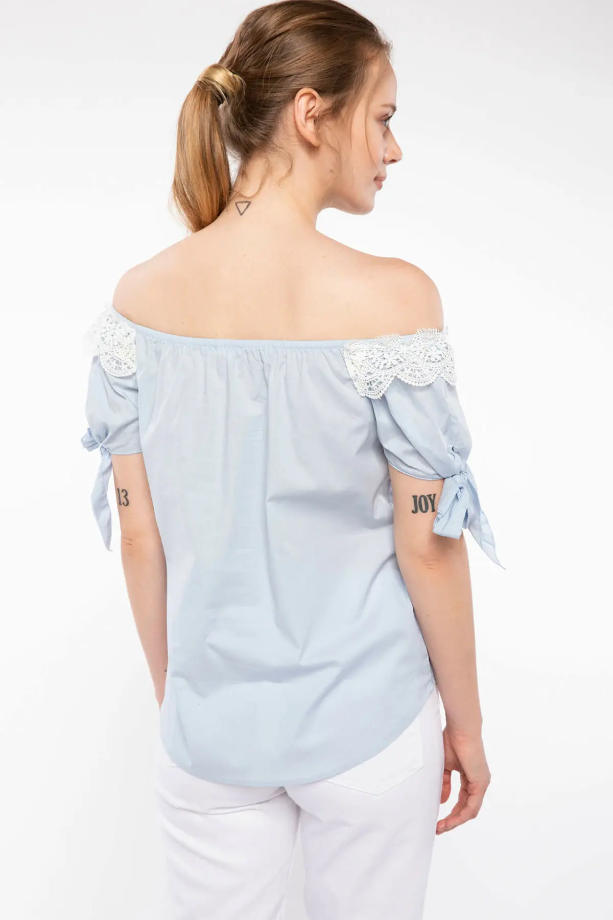 DeFacto женская сексуальная мода с открытыми плечами на шнуровке Однотонная рубашка